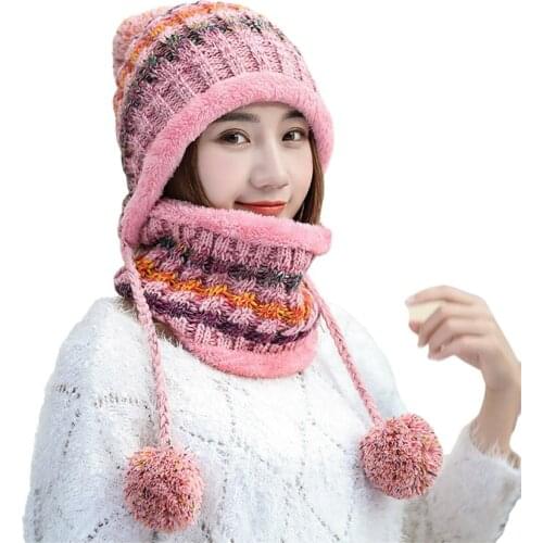 Thick Warm Beanies Skullies Hats Warm Knit Hat Lady Winter Velvet Knit Bike Cap Bib Women Female knitted Bonnet Beanie Caps