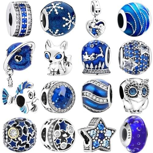 Blue Star Fox s925 Silver Charms Pendant European Glass Bead Fit Original Charms Bracelet Chain Girl Women Jewelry Gift Making