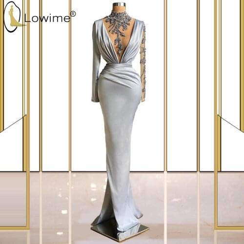 Sexy Silver High Neck Mermaid Evening Dresses 2021 Saudi Arabia Long Sleeve Ruched Satin Formal Night Prom Party Gowns
