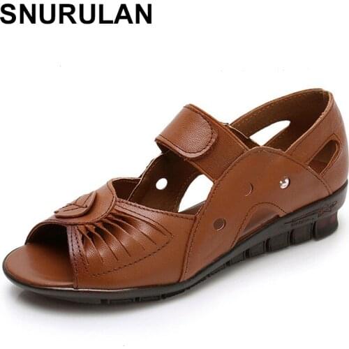 SNURULAN New Summer Ladies Flat Sandals Genuine Leather Zapatos De Mujer Hollow Out Soft Bottom Women Breathable Bottom Sandals