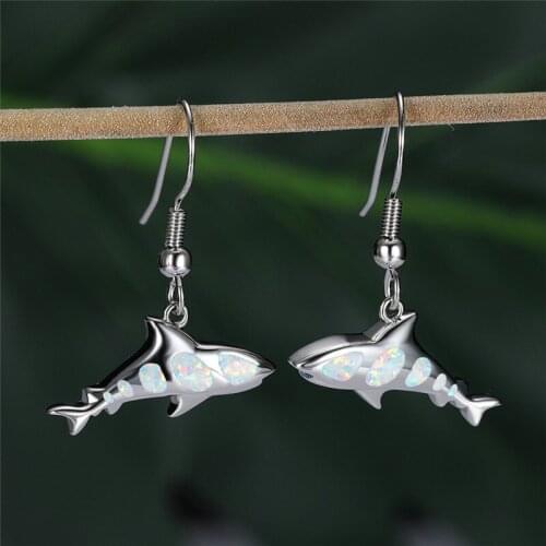 Vintage Female Shark Long Drop Earrings Charm Silver Color Dangle Earrings For Women Luxury White Opal Stone Wedding Earrings