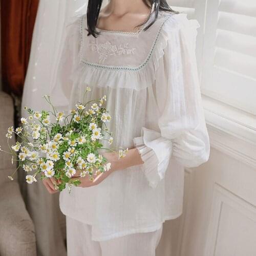 Spring Long-sleeved Cotton Pajamas White Lace Princess Style Sleepwear Square Collar Sweet Cute Loungewear 2 Piece Home Suit