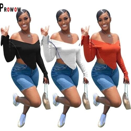 Prowow V-neck Long Sleeve Women Top T-shirt 2021 New Summer Fall Fashion Asymmetric Top Tees for Woman Solid Color Shirt Clothes