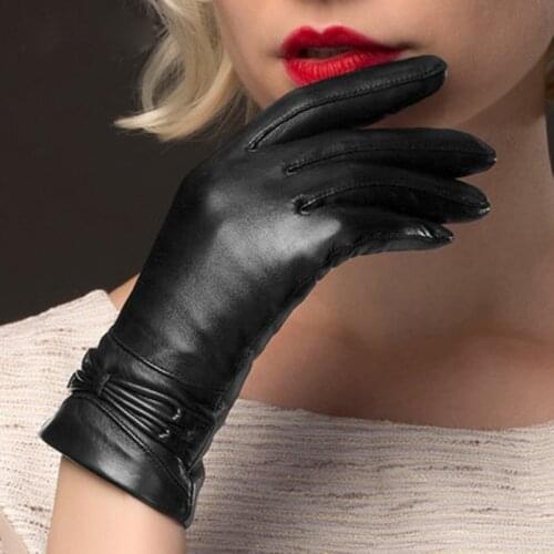 Women Black Genuine Leather Gloves Fashion Sheepskin Glove Winter Plus Velvet Leather Driving Gloves Hot Sale NW777-5