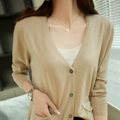Hot Sale Spring Autumn Women 100% Worsted Cashmere Female Elasticity V-Neck Cardigan Thin Knitted Cardigans Large Size New Tops