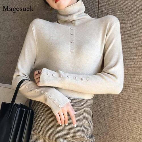 Pullover Solid Color Long Sleeve Womens Sweater Autumn and Winter 2020 Korean New Slim Womens Turtleneck with Buttons 11954