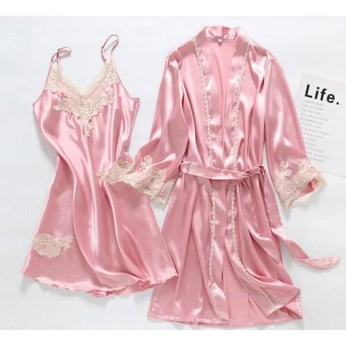 Brand New Ice Silk Womens Robe & Gown Sets 2 Pcs Bathrobe + Mini Night Dress Sexy Lace Sleepwear Wedding Pyjamas 2021 Summer