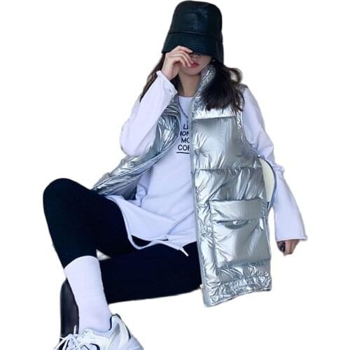 Winter Vest Women Large Pockets Plus Size Womens Coat Black Padded Vest Korean Style Loose Shiny Thick Warm Waistcoat Women