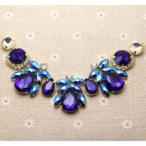 18.5*4.3cm Glass+resin Blue AB Good Quality rhinestone applique Gold Base Rhinestone Chain Sew onWedding Party Dress Decoration