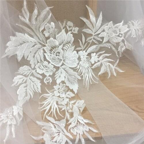 3 pairs 6 pieces large clear seuin lace applique pair, floral embroideryed DIY craft accessories, lace pacth motif 25 x 55cm