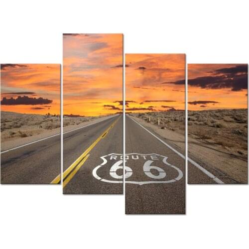 4 Pieces Canvas Wall Art Route 66 Sign Sunrise in Californias Mojave Desert Road Scenery Picture Prints Drop shipping