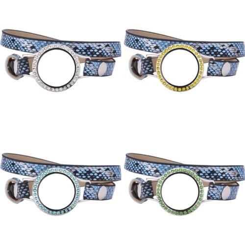 5pcs/lot 30mm Different color crystals Glass Locket 37CM Snake blue Double Wrap PU Leather Bracelet Wristband With 50pcs Charms