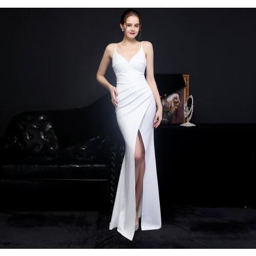 Beauty-Emily Sexy Sling V-Neck Evening Dresses Long Women Party Gowns Sleeveless Satin Open Back Beads Mermaid Formal Dress