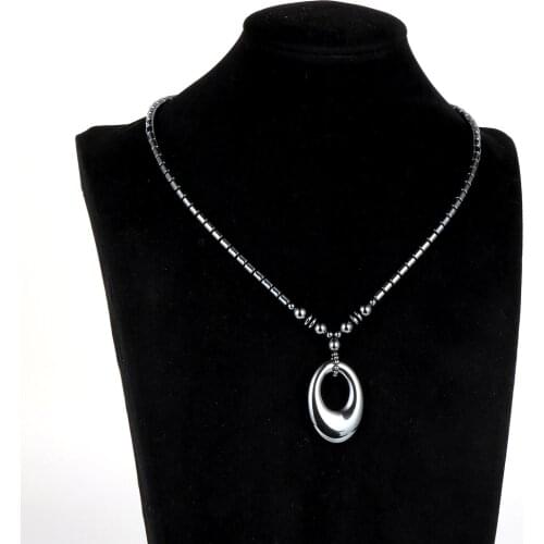 Simple Design Natural Energy Stone Black Hematite Hollow Oval Pendant Necklace Jewelry Hematite Choker Clavicle Chain 45cm/55cm