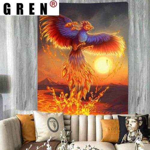 GREN Sunset Phoenix Totem King of Birds Art Wall Hanging Tapestries for Living Room Bedroom Background Cloth Home Decor