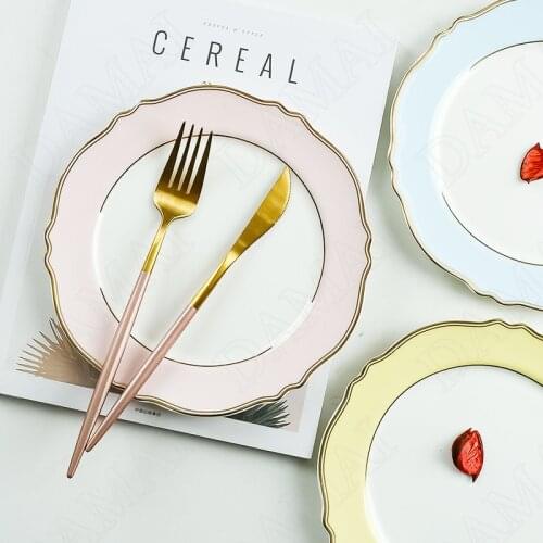 Golden Stroke Ceramic Plates Lace Decorative Fruit Salad Plate Afternoon Tea Cake Dessert Tray Painted Home Kitchen Tableware