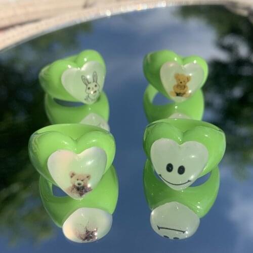 Vintage Apple Green Cute Peach Heart Acrylic Rings for Women Y2K Jewelry Fashion 90s Bear Rabbit Smile Rings Accessories New