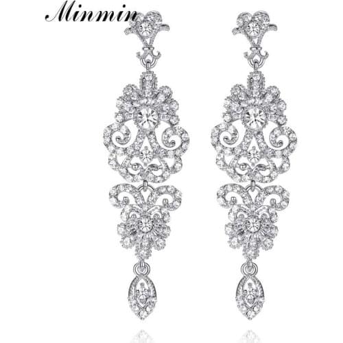 Minmin Luxury Long Chandelier Wedding Drop Earrings Bridal Shiny Crystal Dangle Clip Earrings Fashion Party Jewelry EH948