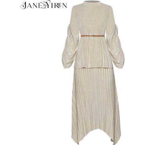 Janeyiren Fashion Designer Suit Spring Summer Women Lantern Sleeve Loose Lace-up Tops+ Asymmetrical skirt Pleated Two-piece set