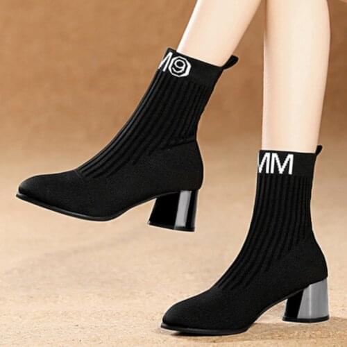 2021 New Women Boots Chunky Heel Knit Elastic Socks Boots Fashion Concise Slip-on Ankle Chelsea Bootsies Female Footwear