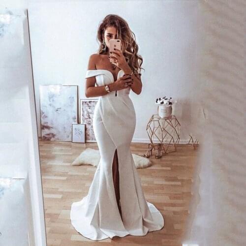 Simple Mermaid Wedding Dress Front Split Off The Shoulder Sexy Bridal Gown Satin Backless Wedding Gowns Custom Made
