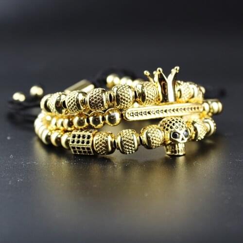 Luxury Skull Royal Men Bracelet copper Gold Crown Bracelets set For Women Beads Pulseras Hombre Moda Masculina Bileklik Erkek