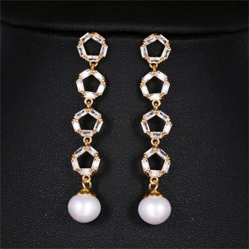ORZTOON Retro Gold Color Pentagon Circle Zircon Long Tassel Earrings for Women Fashion Pearl Drop Earring Trendy Female Jewelry