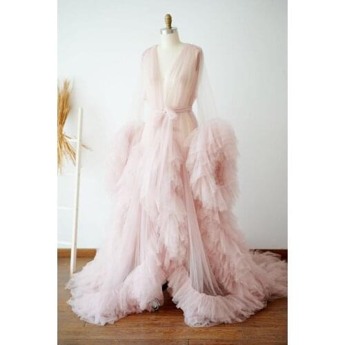 Pretty Pink Ruffles Tulle Robe Women Full Sleeves See Thru Long Party Dress Cute Bow A-line Pregnant Woman Vestido