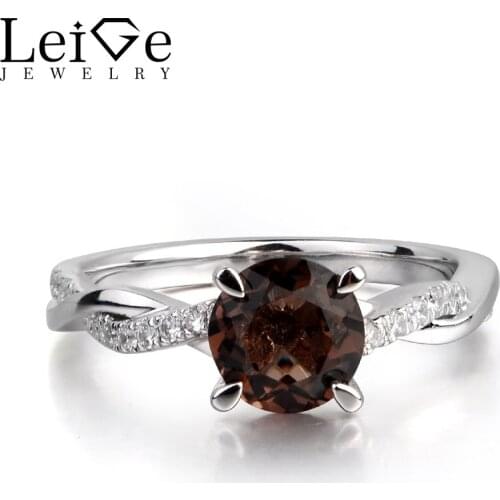 Leige Jewelry Real Smoky Quartz Gemstone Round Shape Cocktail Party Rings For Woman 925 Sterling Silver