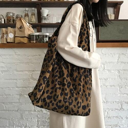 Corduroy Leopard Print Bag Ladies Shoulder Casual Tote Shopping Bag Large capacity Handbags Totes Women #30