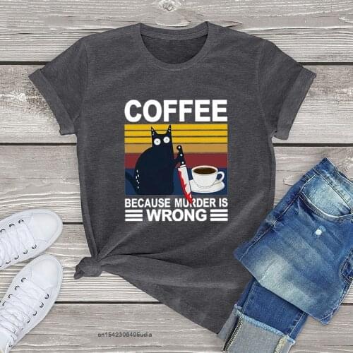 Funny Black Beer Cat Cotton Tshirts Women Clothing Summer Murder Is Wrong Graphic Women Shirts Fashion Girls Tops Casual Blouses