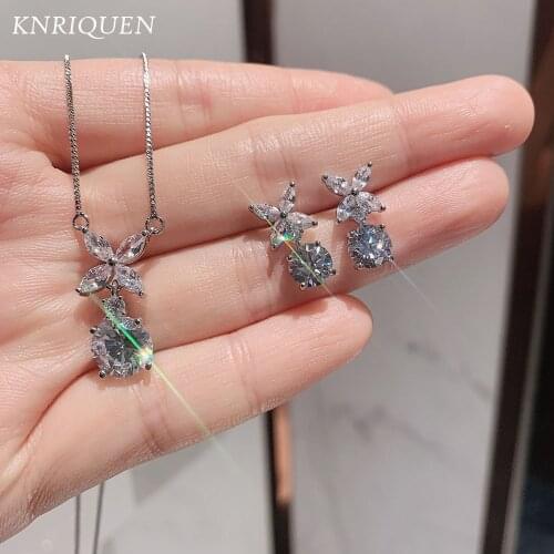Womens 925 Silver Jewelry Sets Luxury Full High Carbon Diamond Necklace Drop Earrings for Female Anniversary Gift Wedding Jewel