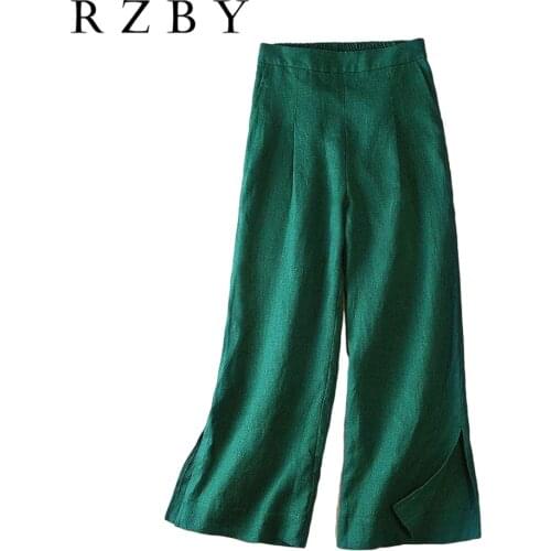 2021 Summer New Arts Style Elastic Waist Ankle-length Loose Femme Pantalon Linen Vintage Women Casual Wide Leg Pants RZBY261