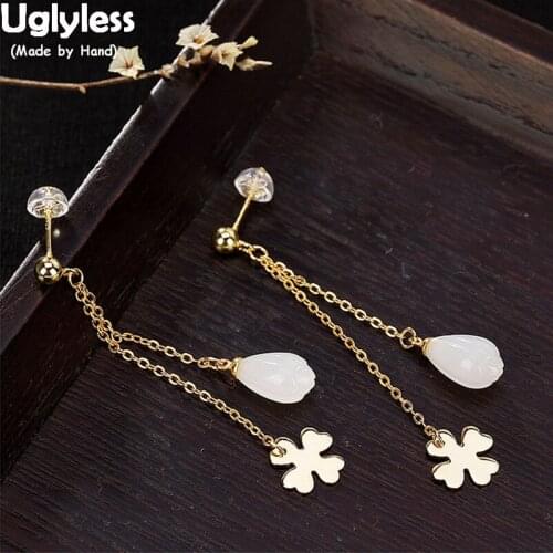 Uglyless Gold Color 925 Sterling Silver Clover Dangle Earrings for Women Natural Jade Magnolia Long Earrings Tassels Jewelry