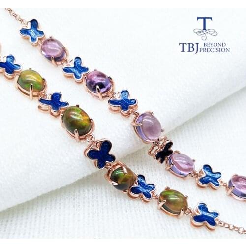 Tbj,Natural 8ct Black Opal Bracelet natural amethyst bracelet lotus design 925 sterling silver fine jewelry for women wife gift