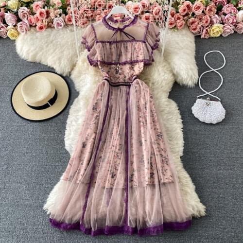 Summer Ruffle Temperament Slim Mesh Stitching Floral Dress Women Korean Elegant Princess Dress Midi Fashion Lace Up Robes zh733