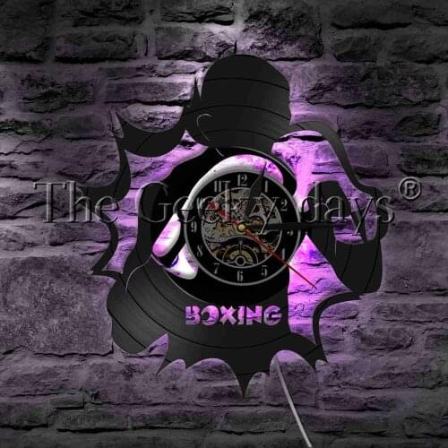 Boxing Athlete Fighting Silhouette Modern Wall Light Vinyl Record Wall Clock Boxer Glove Fitness Wall LED Hanging Lamp