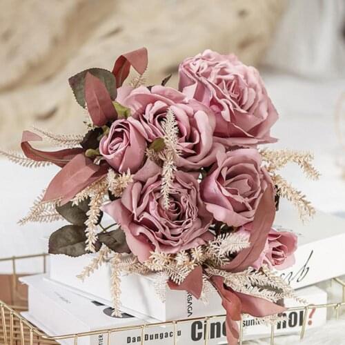 Rose Pink Silk Bouquet Peony Artificial Flowers Bud Bride Wedding Home Decoration Fake Flowers Faux