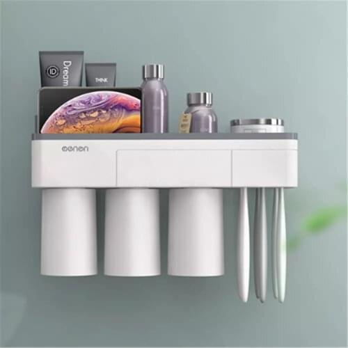 Toothbrush Storage Holder Punch Free Magnetic Lovers Toothpaste Sheft Rack Adsorption Bathroom Accessories Organizer with Cups