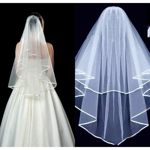 White Ivory Two Layers Ribbon Edge Short Tulle Wedding Veil With Comb Womens' Wedding Accessory