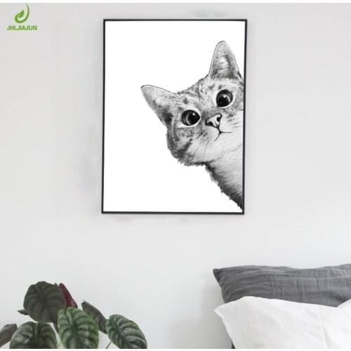 JHLJIAJUN Nordic Hello Little Cat Canvas Painting With Wood Frame Black White Posters And Print Wall Art For Living Room Bedroom