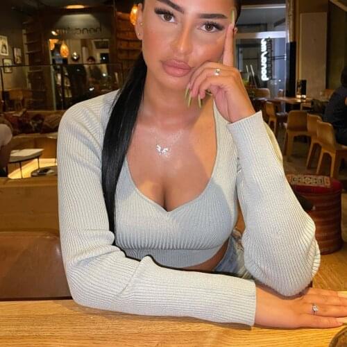 JUNWU Autumn Women Light Green Vertical Stripes Deep V-neck Long Sleeve Elastic Slim Short Sweater Pullover Casual Street Style