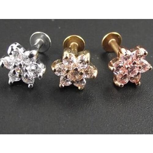 Lip Ring Labret Earring Nail Bone Barbell Zircon Rose Flower Helix Tragus Ear Piercing Body Jewelry 1 piece 6mm Length 16G