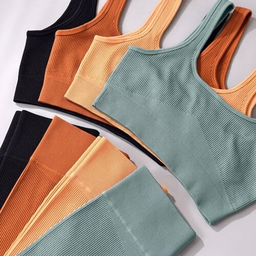 U-neck ribbed yoga suit Womens Workout Set 2 Piece Seamless Ribbed Crop Tank High Waist Womens Athletic Clothing Sets