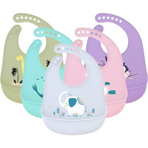 Cute Cartoon Print Baby Bibs Waterproof Soft Silicone Baby Feeding Stuff Dinosaur Pattern Kids Girl Boy Feeding Adjustable Bibs