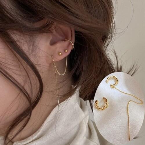 New Simple Gold Metal Asymmetry Long Tassel No Piercing Ear Cuff Crystal Hook Clip Earrings for Women Jewelry Gift