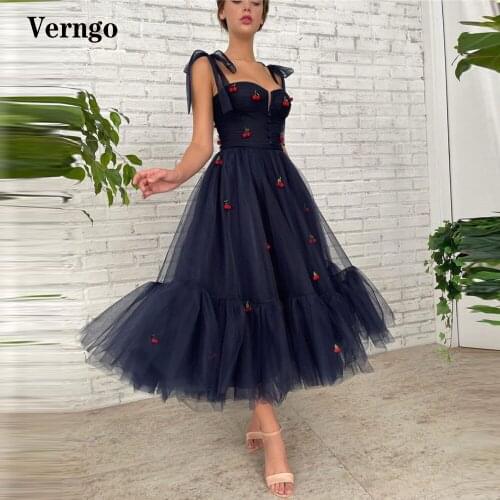 Verngo A Line Navy Blue Tulle A Line Prom Dresses Bow Tied Straps Cherry Sweetheart Tea Length Formal Homecoming Party Dress