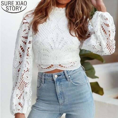 Casual Crochet Hollow Out Turtleneck Fashion Shirts Elegant Women Long Sleeve Lace Blouses White Tops Female Pullovers 16296