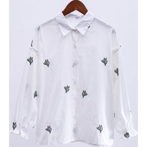 PERHAPS U White Cactus Embroidery Turn Down Collar Button Puff Sleeve Long Sleeve Shirt B0122