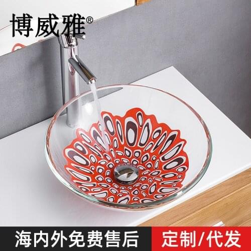 Boweiya bathroom small apartment new tempered glass wash basin balcony art above counter basin semi-hung wash basin